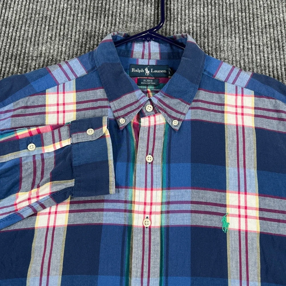 Ralph Lauren Shirt Mens 2XL XXL Blue Plaid Long Sleeve Button Down Blake Fit